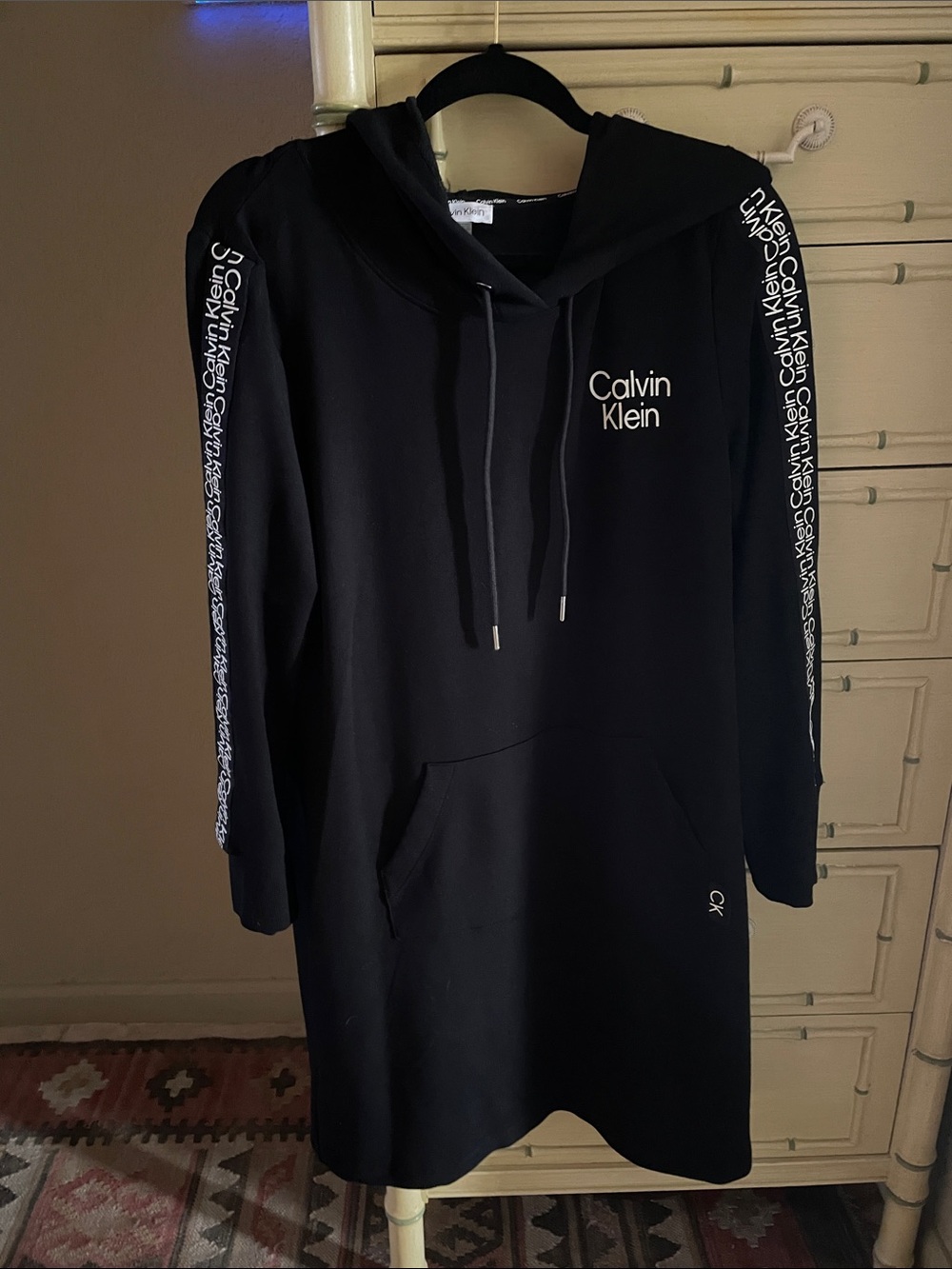 Calvin Klein Black Hoodie Dress with White Logo Tape
